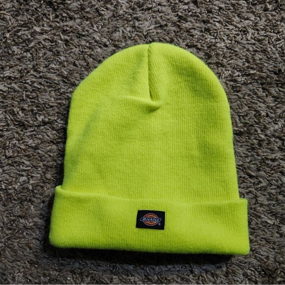Dickies Bright Lime Yellow Chartreuse Ribbed Knit Cuff Beanie Hat - Picture 3 of 8